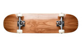 Wooden skateboard deck with metal trucks and white wheels