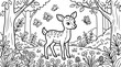 © Z Z K V V C Art - Cute baby deer standing in a forest with butterflies and flowers coloring page.