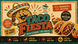 © RanuBegum - Vintage taco fiesta food poster design with cartoon taco character, delicious tacos, and authentic mexican flavor text