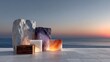 © kapil - Assorted natural stone pedestals with wood base on tiled floor by the ocean at sunset keywords