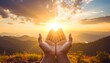 © Nagato - Hands reaching for the sun in a serene mountain landscape.