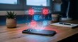 © Nusrat - Mobile phone displaying holographic social media feed dashboard with metrics for new likes comments and shares in professional workstation setting showing data analytics for digital creators online