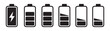 © Mukti - Black battery charge status icons displaying various energy levels and charging flash sign vector.