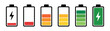 © Mukti - Battery charge indicator icons set. discharge, low, middle, high, and full power signs.