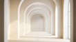 © Kusal Sirimanna - Minimalist architectural interior with rhythmic white arches and soft warm sunlight creating elegant shadows and spatial perspective