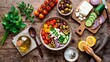 © Simone Matos - Fresh Mediterranean Salad Ingredients on Rustic Wood Table: Healthy Eating Vibrant Colors Top View Arrangement