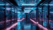© koli - Modern data center server room with blue lighting and cables.