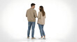 © 3kaaaju - Full body shot of a young couple standing on a white background, looking at each other and talking, dressed in casual clothes.