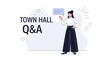 © Tirta - Town Hall Q&A: Woman Speaker with Speech Bubble and Geometric Shapes, Modern Flat Illustration
