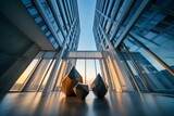 Modern skyscraper interior courtyard with geometric sculpture