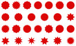 © Munnacreativehub - Set of red starburst badge icons various promotional sticker, seal and burst shapes. Ideal for sale, discount offers, price tags, ecommerce banners, advertising materials and retail marketing designs.