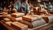 © Juwel - Asian retail vendor packaging parcels in eco-friendly, net-zero waste materials, using brown paper and reusable wrapping in a small shop, promoting sustainable practices and reducing plastic usage.