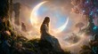 © Zohaib Graphics - Ethereal young woman with flowing blonde hair wearing a vintage dress sits peacefully upon a mossy rock while gazing at a massive glowing crescent moon in a magical dreamlike landscape filled with bio