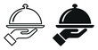 © Yehor - Hand holding cloche or food serving tray icon set in black and outline style on transparent background
