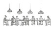 © Pupu - Hand-drawn sketch of diverse people working on laptops in a modern coworking workspace under industrial lamps.