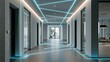 © Justlight - Medium shot emphasizing hallway occupancy sensors connected by glowing blue lines to ceiling fixtures illustrating a futuristic smart lighting system in a sleek office floor plan