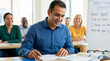 © Len_mik - Adult English learning class. Smiling middle aged man writing in notebook at desk. Diverse students in practical English language course