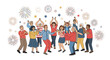 © Anggora - Diverse group of people of various ages celebrating with raised hands and colorful fireworks in a joyful, festive atmosphere against a white background