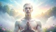 © bulegendut - A serene man meditates, hands clasped, surrounded by light, clouds, and nature
