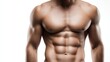 © The Little Hut - Close-up of a Muscular Man's Ripped Six-Pack Abs and Chest on White Background