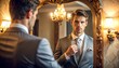 © four - Confident Businessman Adjusting Tie in Ornate Mirror Reflection