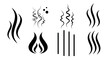 © Awais - Black vapor and steam icon set for scent, heat, and rising smoke graphics on a plain white background