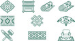 © Konica - Collection of textile and interior featuring rugs, looms, cushions, and furniture in a dark green line style on white background