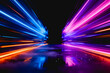 © fanjianhua - Vibrant neon light streaks in blue, pink, purple and orange move rapidly across a dark, reflective surface, creating a dynamic futuristic visual effect.