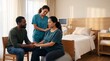 © BETTOVERSE - Supportive nurse and partner assisting a pregnant woman on a birthing ball in a maternity ward