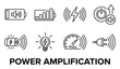 © GoDesigner - Power amplification icons, including battery, signal, volume, and charging symbols.