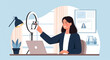 © dari - Vector illustration of a professional woman in a business suit sitting at her desk, adjusting a ring light with a smartphone attached for video recording, streaming, or a webinar.