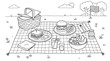 © Kashif - A picnic basket sits beside a checkered blanket laden with a burger, sandwich, fruits, and drinks in a detailed line art drawing of a relaxing outdoor meal in a sunny park.