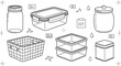 © MDSAIFUL - Food storage container vector icon set featuring mason jar pantry organizer basket glass canisters and kitchen organization elements