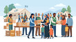 © CHAMOD  - Humanitarian aid volunteers distributing food boxes to diverse families in a refugee camp setting with tents, rice bags, and wheat sacks in a flat vector style.