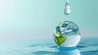 © savittree - Crystal Clear Water Droplet Falling on Miniature Earth Model Floating in Serene Blue Background
