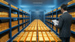 © Roydo - Bank auditor or inspector in a suit holding a clipboard checking inventory inside a high security vault filled with rows of stacked gold bars representing financial reserve wealth economy and banking