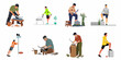 © Muqodimatul - Collection of flat vector illustrations depicting men sharpening traditional knives and performing athletic stretching exercises in various poses.