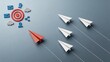 © Lin - Paper airplanes flying towards target with marketing icons, business strategy concept showing leadership and direction, successful goal achievement and precise targeting in