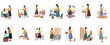 © Siti - Set of vector illustrations depicting a caring woman or therapist supporting patients in various cozy indoor environments with modern furniture and plants.