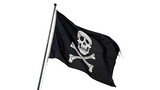 Classic black pirate flag with white skull crossbones isolated on transparent background cut out