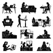 © GenVision - Woman working on laptop in various settings icon set