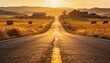 © Ірина Пальцева - A rural country road stretches into the distance at golden hour, flanked by sun-drenched fields, farm structures, grazing animals, and rolling hills under a warm, hazy sky