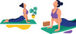 © Hridoy - Woman Stretching on Yoga Mat with Indoor Potted Plants and Minimal Flat Vector Graphic Background