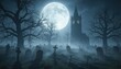 © Png Hub - Gothic graveyard in blue moonlight, misty cemetery with tombstones, spooky Halloween night landscape background