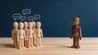 © Mia - Angry wooden doll facing a group of whispering figures, bullying exclusion and isolation concept, peer pressure and gossip metaphor, loneliness and rejection in society or