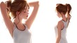 © slamet - Young woman with brown hair gathers her ponytail while wearing athletic attire against a bright background.