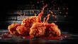 © Wave - Crispy fried chicken wings drenched in spicy red sauce splashing dramatically against a dark background