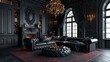 © Harry - Luxurious dark living room interior featuring an elegant leather sofa and a glowing gold chandelier