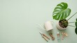 © Irfan - Flat lay of indoor gardening tools with a potted green monstera deliciosa leaf on a pastel green background