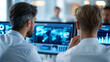 © Nataliya - Anonymous analysts viewed from behind softly interacting with a glowing AI display showing floating charts and analytics in a bright modern office, faceless, defocused, with copy